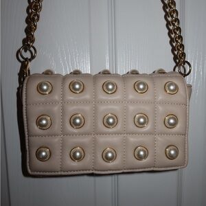 Zara Beige Crossbody Bag with Gold Chain and Pearl Accents